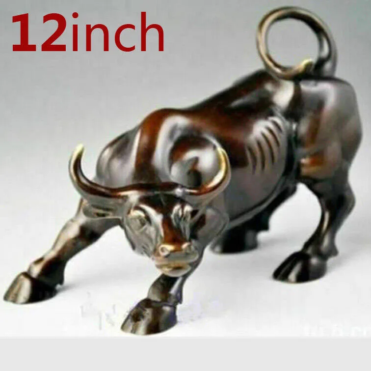 Big 12inch 30cm Figurine Wall Street Bronze Fierce Bull Cattle Antique Statue