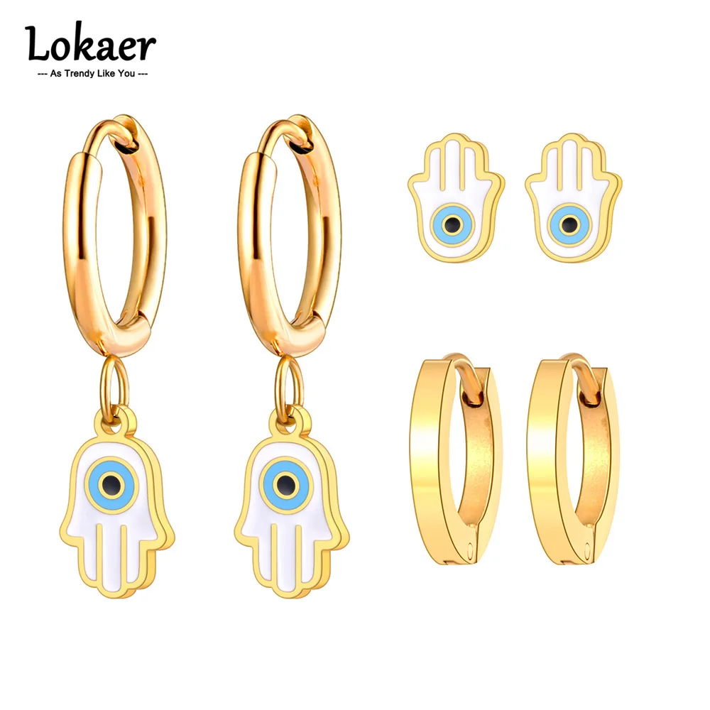 Lokaer 3Pcs/Set Stainless Steel Blue Turkish Eyes Earrings Jewelry For Women Ethnic Hamasa Hand Painted Glaze Earrings E23128