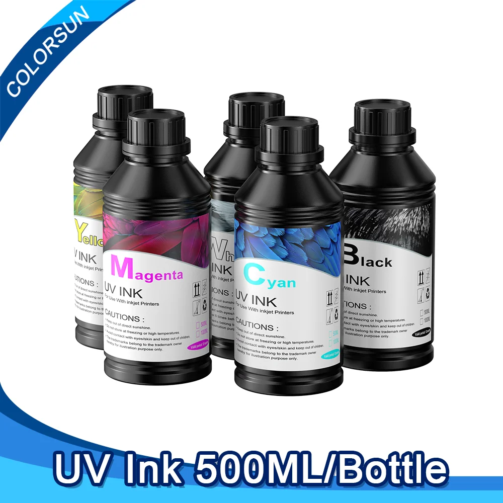 

УФ-чернила Colorsun 500 мл для всех УФ-принтеров Подходит для Epson R1390 L1800 L805 DX3 DX4 DX6 DX7 DX5 Печатающая головка Мягкого и жесткого типа