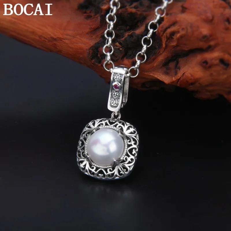 

BOCAI S925 Silver Pendants for Women New Fashion Hollow Eternal Vine Inlaid Freshwater Pearl Square Jewelry Wholesale