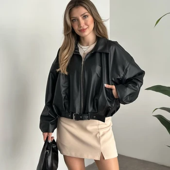 Fashion Leather Jacket Women's Vintage Faux Leather Bomber Jacket Solid Zipper Lapel Long Sleeves Autumn Retro High Street Coat 5
