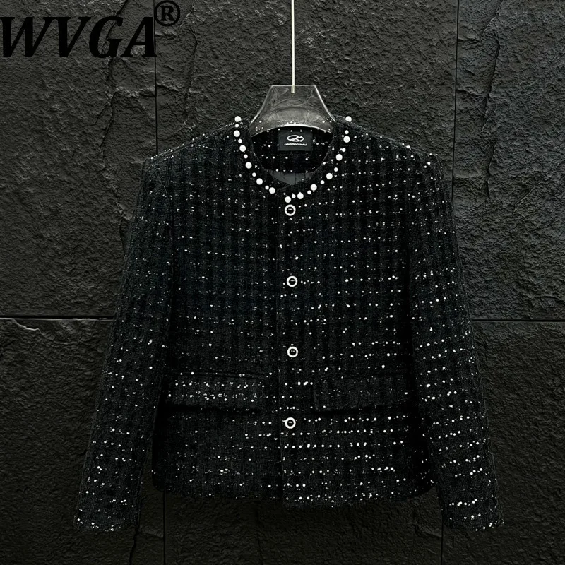 

WVGA Осенне-зимняя новая мужская модная короткая куртка с круглым вырезом и блестками, нишевое шикарное повседневное пальто с длинными рукавами и жемчужным декором W14575