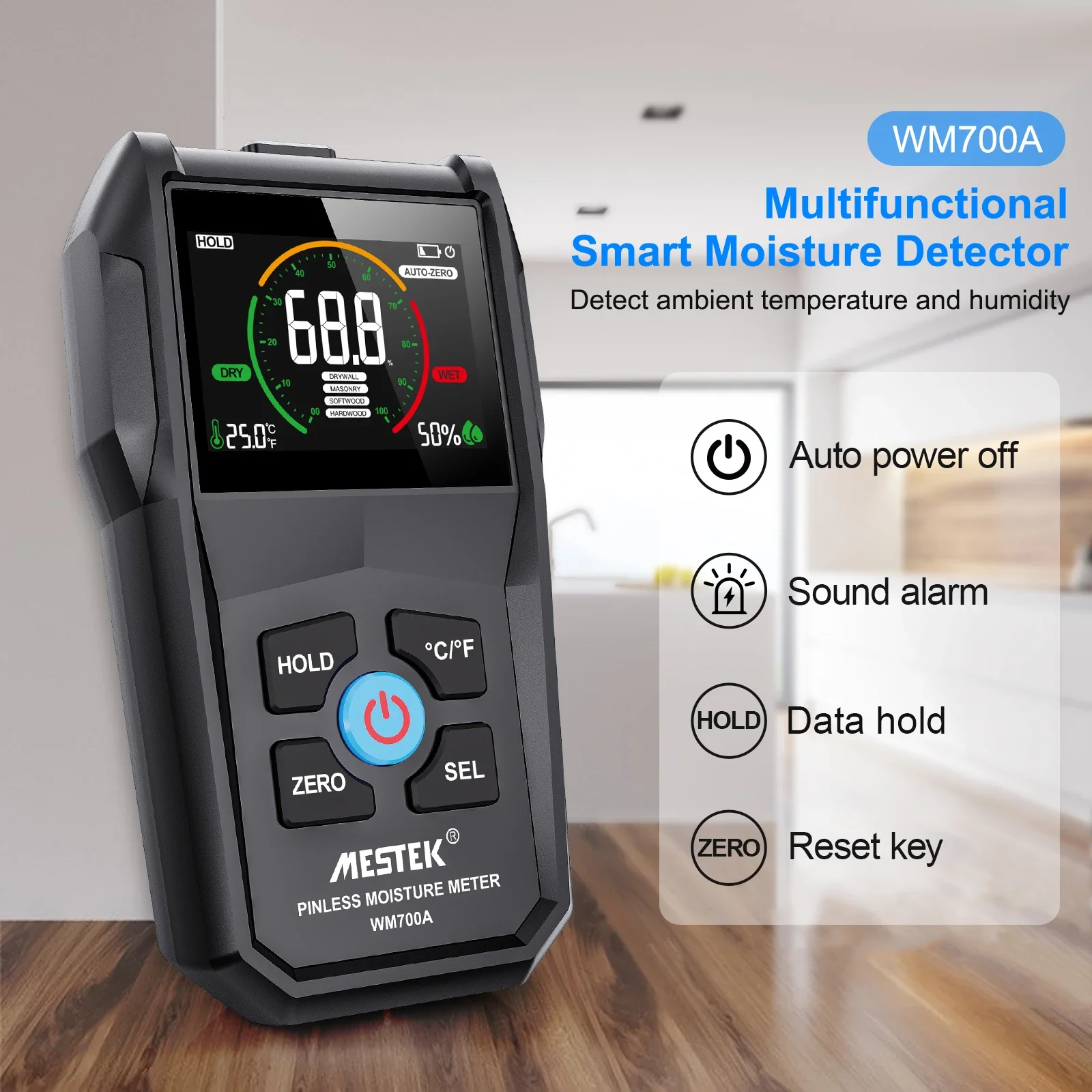 WM700A Non-Contact Wood Moisture Tester  Full Angle Inverted Wood Humidity Tester LCD Digital Nondestructive Humidity Meter