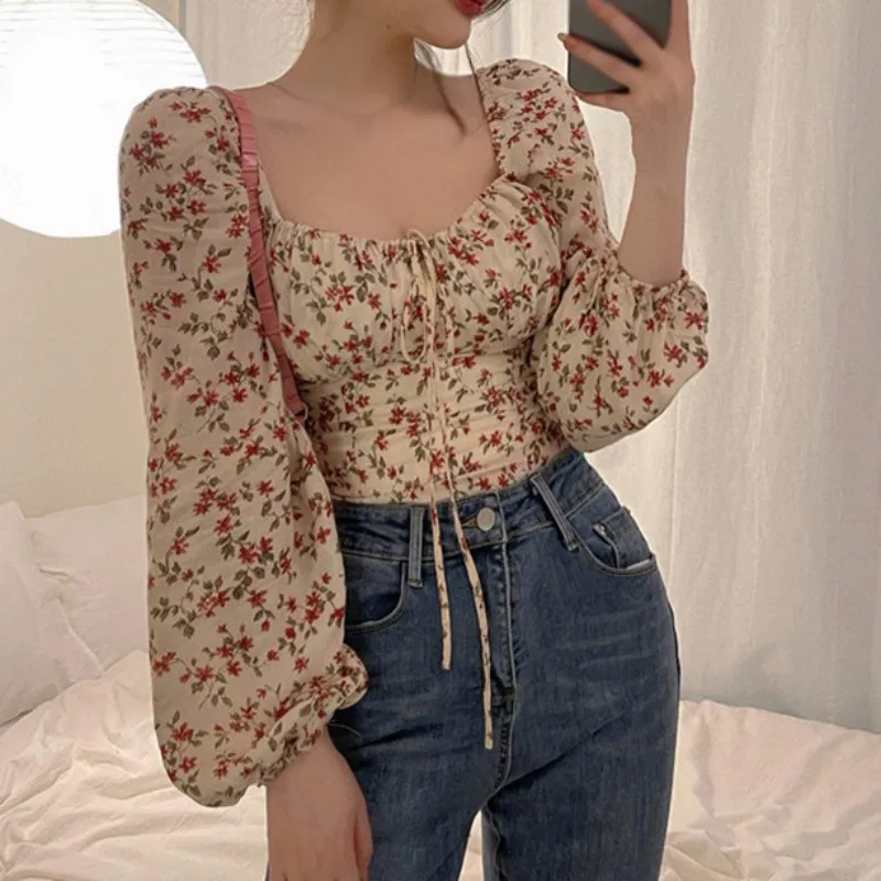 Summer Women Floral Print Square Collar Sexy  Long Sleeves Chiffon Shirt Blouse