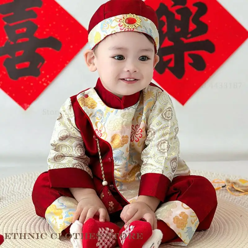 

Китайский весенний фестиваль, детский костюм Тан, костюмы для одного года, одежда для малышей, новогодний костюм с приветствием, шляпа, топы, брюки, полный комплект