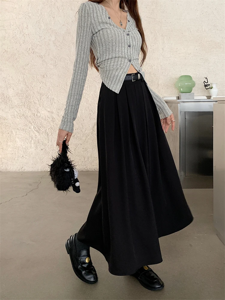 2026 New Korean Skirt Women Solid Color Versatile Mid-length Pleated Skirt Large Swing Type Skirt Female Long Skirts for Women