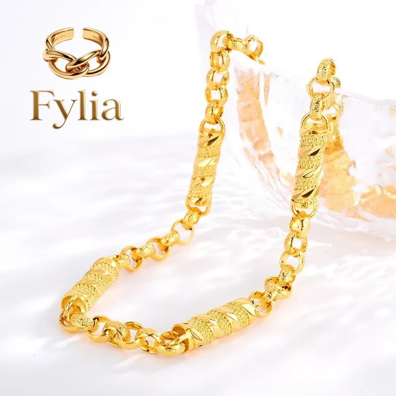 Fylia Jewelry   Premium AU999 Gold Clavicle Olive Round Bead Hollow Necklace 24K Real Gold Frosted Men's Necklace Big Boss Gold