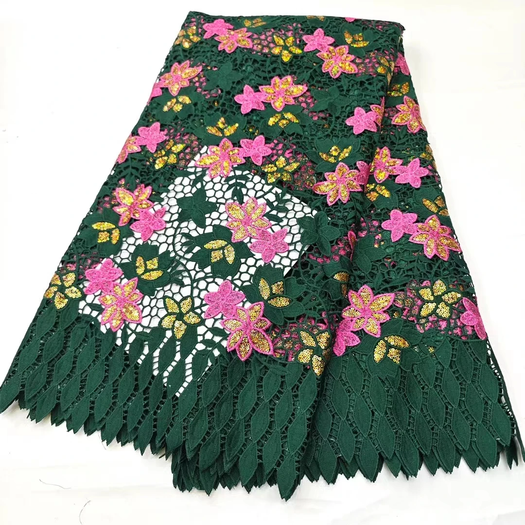 

Latest Green French Water Soluble Lace Fabric 2024 High Quality Sequins African Nigerian Guipure Cord Lace Party Fabric KHD24130