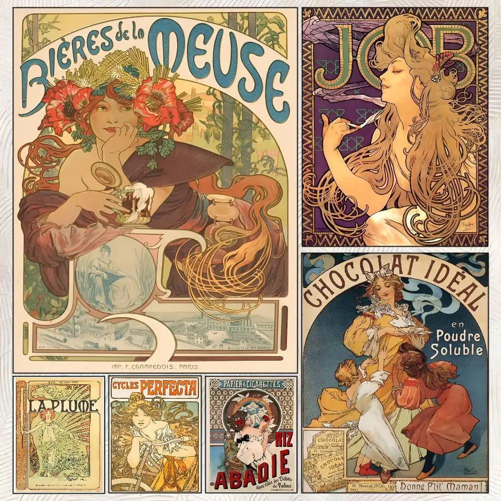 Alphonse Mucha Canvas Painting Vintage Woman Poster Self-adhesive Art Room Entrance Restaurant Wall Decor Art Painting