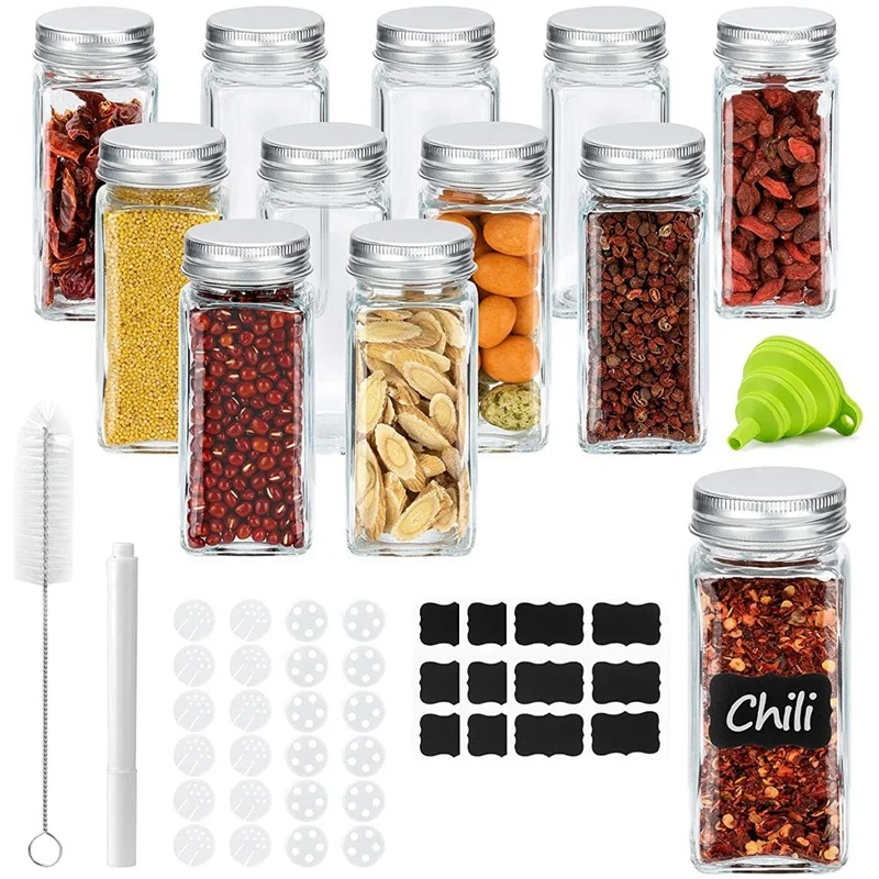 Spice Jars Set With Lids - 12 Spice Shakers - 120 Ml Square Glass Spice Container For Storing Spices