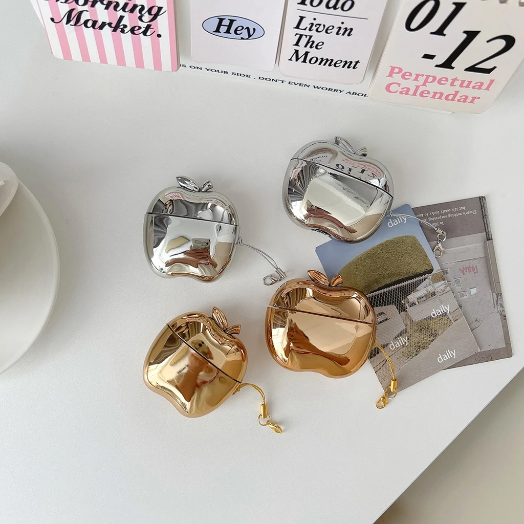 Creative 3D Stereo Apple Shape Electroplated Gold Silver Glossy Shock Proof Earphone Cover Case for AirPods 4 5 Pro 2 Pro 3