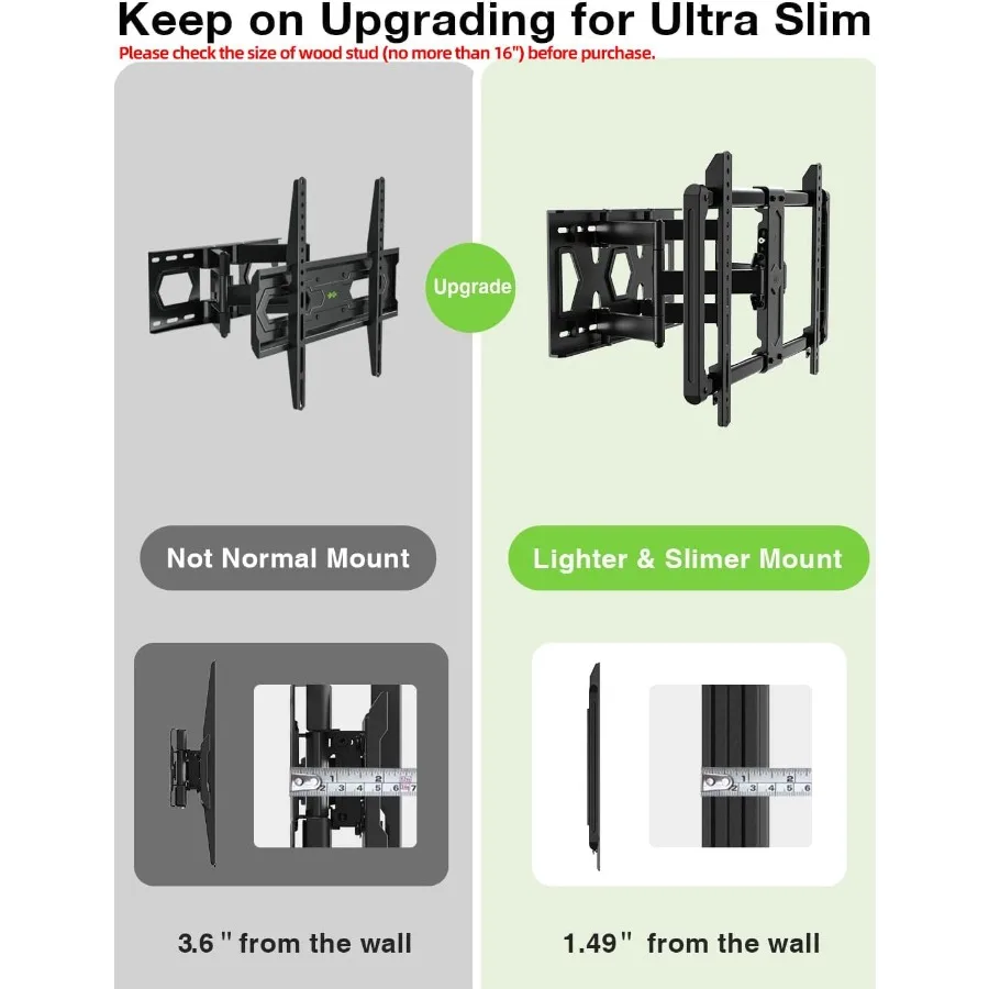 حامل تلفزيون على الحائط فائق النحافة لمعظم تلفزيونات 3782 بوصة مع تصميم مفصل للحركة الكاملة ووظيفة دوارة وإمالة