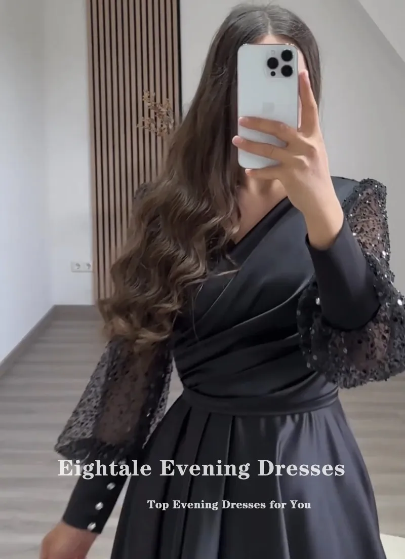 Eightale Shiny Prom Dresses V-Neck Glitter Long Sleeve Customized Black A-Line Short Evening Party Gown Vestidos Para Graduación