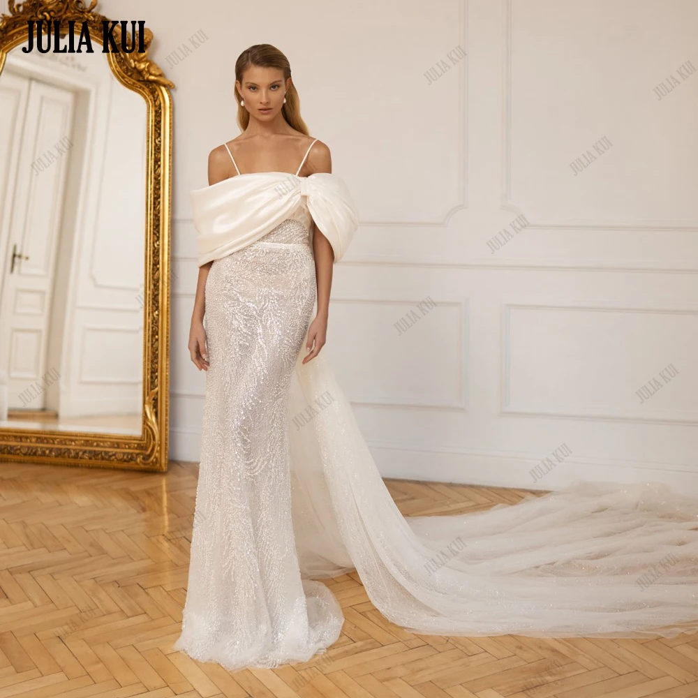 Julia Kui Irresistible Allover Sequined Sheath Wedding Dress Gorgeous Embroidery Beading Lace Spaghetti Straps Bridal Gowns