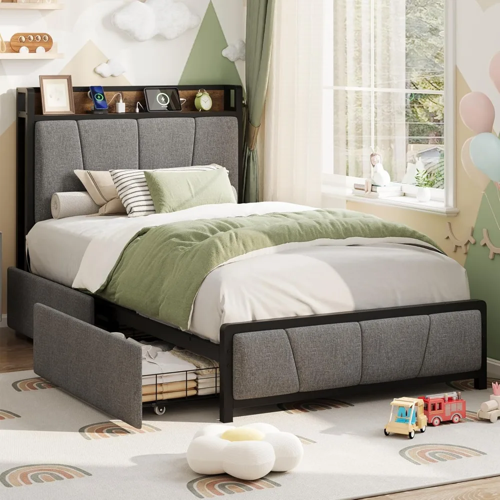 

Bed Frame with 2 Storage Drawers and Charging Station, Rustic Linen Upholstered Platform Bedframe with Storage Headboard