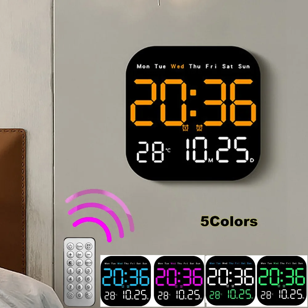LED Large Digital Wall Clock With Remote Control Temperature Date Week Difference 12/24H Wall Mounted LED Alarm Clock