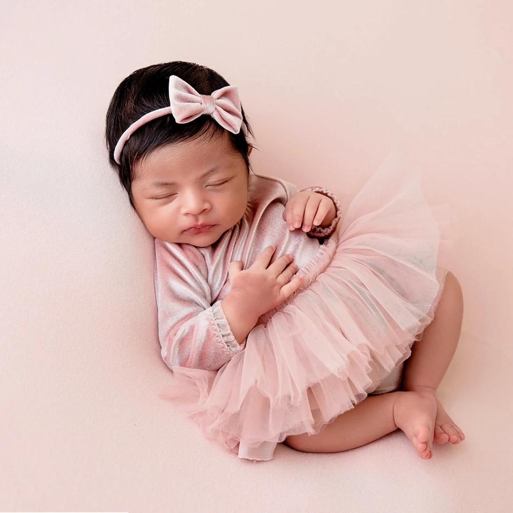 Newborn Photography Props Velvet Romper Pink Tutu Dress Infant Photoshoot Outfits Studio Baby Girl Fotografia Clothing