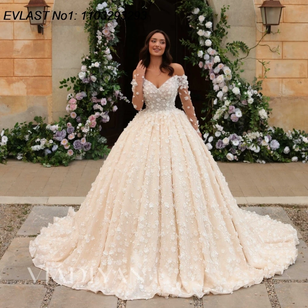 

EVLAST Customized Vintage A Line Wedding Dress Off Shoulder Long Sleeve Lace Applique Beading Bridal Gown Robe De Mariee TBD106