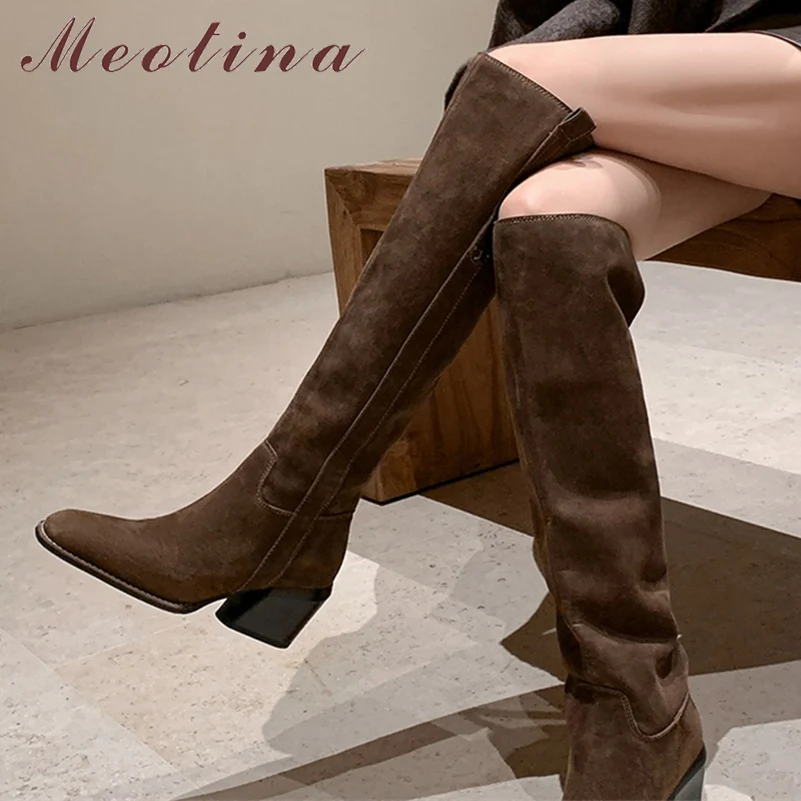 

Meotina Women Genuine Leather Knee High Long Boots Round Toe Thick High Heels Zipper Gogo Boots Lady Fashion Shoes Autumn Winter