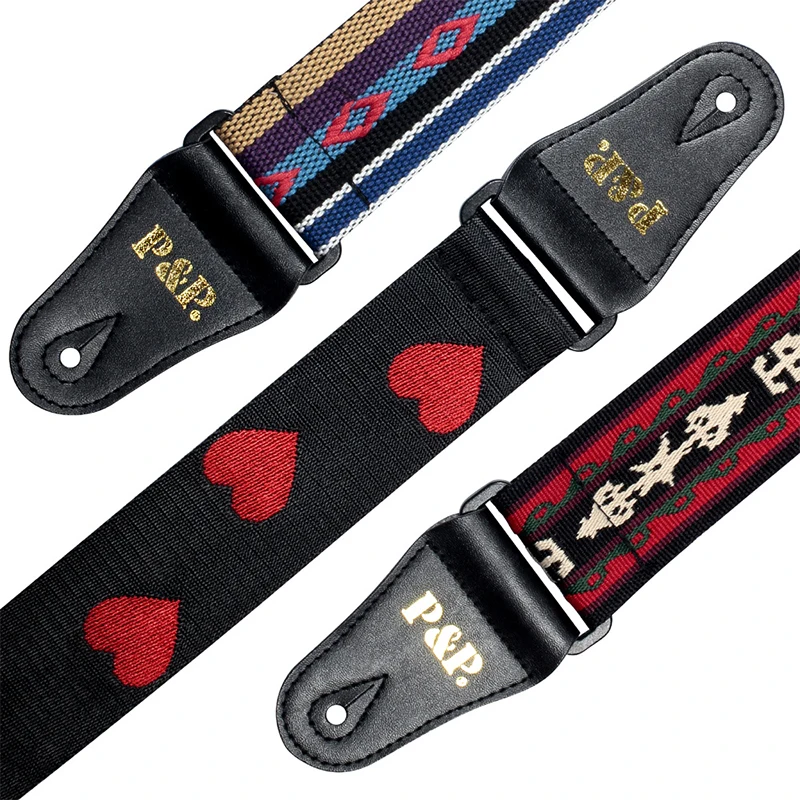 Red Heart Embroidered Cotton Guitar Strap Decompression for Electric Acoustic Wood Guitar, Bass Ukulele, Violin Belt