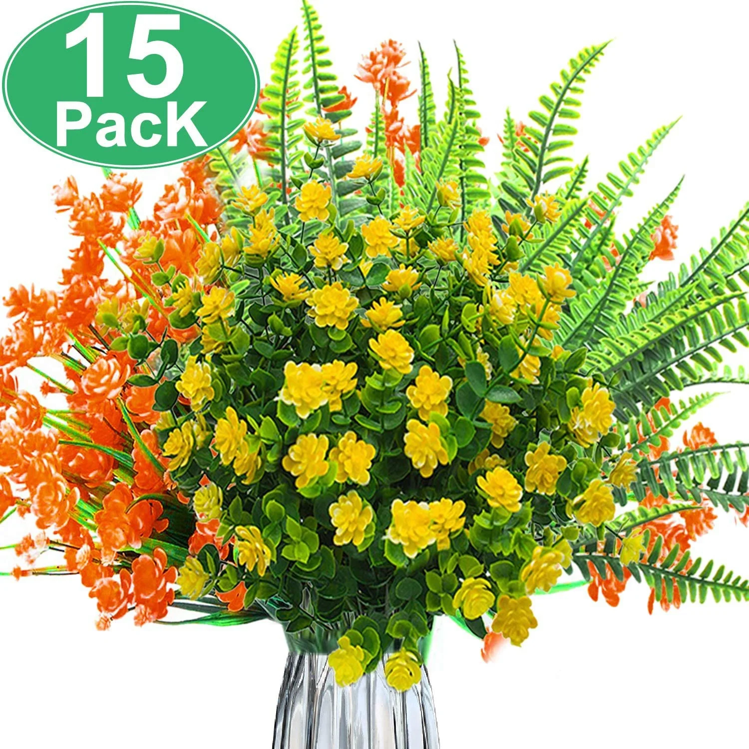 

15 Bundles Artificial Flowers Plants Set -Outdoor Shrubs Greenery UV Resistant Plants for Garden Porch Farmhouse Home Window