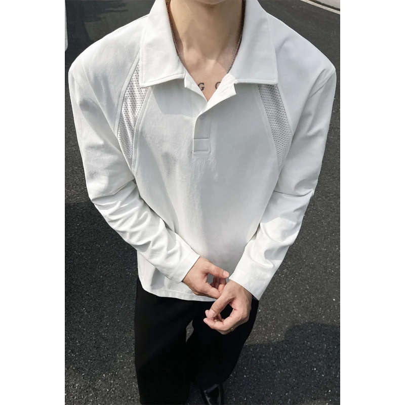 Men's Long Sleeve Polo Shirt Mesh Panel Insert Breathable Sports Top, Loose Fit Casual Turn Down Collar Pullover for Autumn