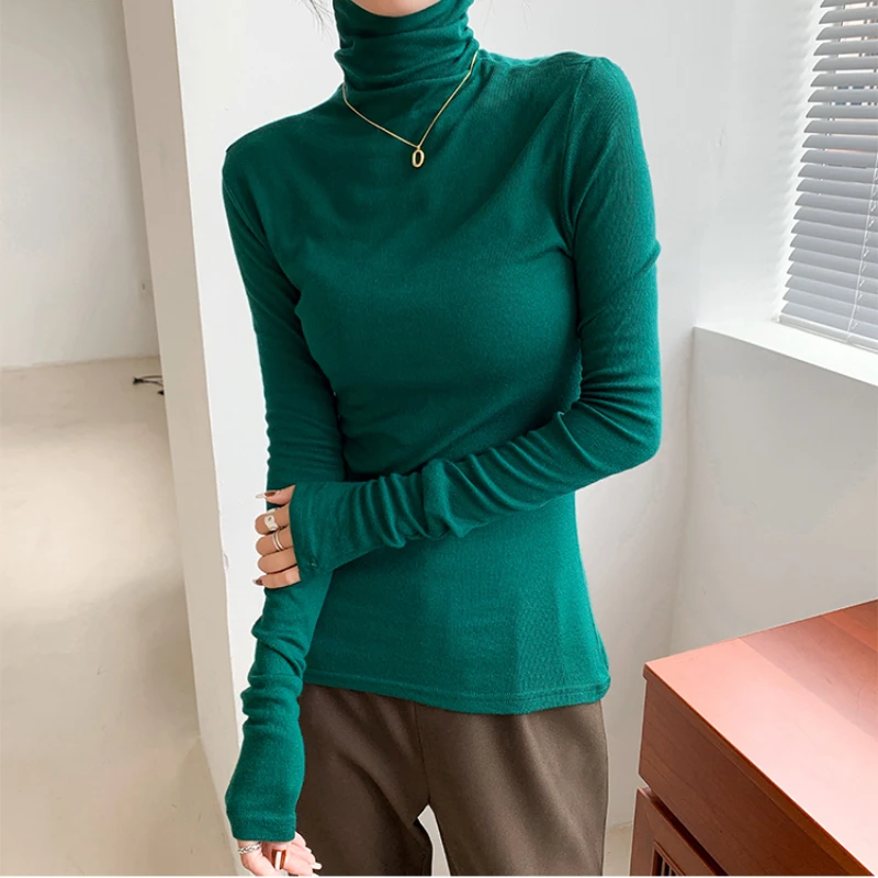 Turtleneck Long Sleeve Women T-shirts 2022 Autumn Winter Basic Base Shirt Woman Casual Slim Tee Shirts Female Tops