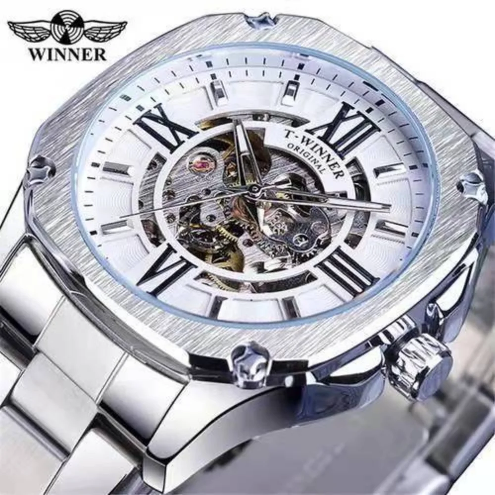 New High-End Luxury Men's Watch, Fashionable Square Automatic Mechanical Watch, Luminous Hands, Silver Stainless Steel Strap, High-End Brand Business Casual Men's Watch, Perfect Gift