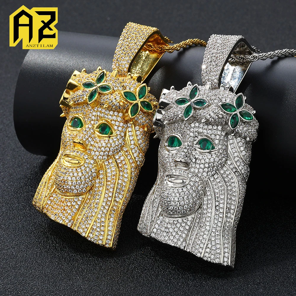 

Anztilam Green Zircon Eye Jesus Iced Out Pendant with Long Link Rope Chain Necklaces for Women Men Brass Hip Hop Jewelry