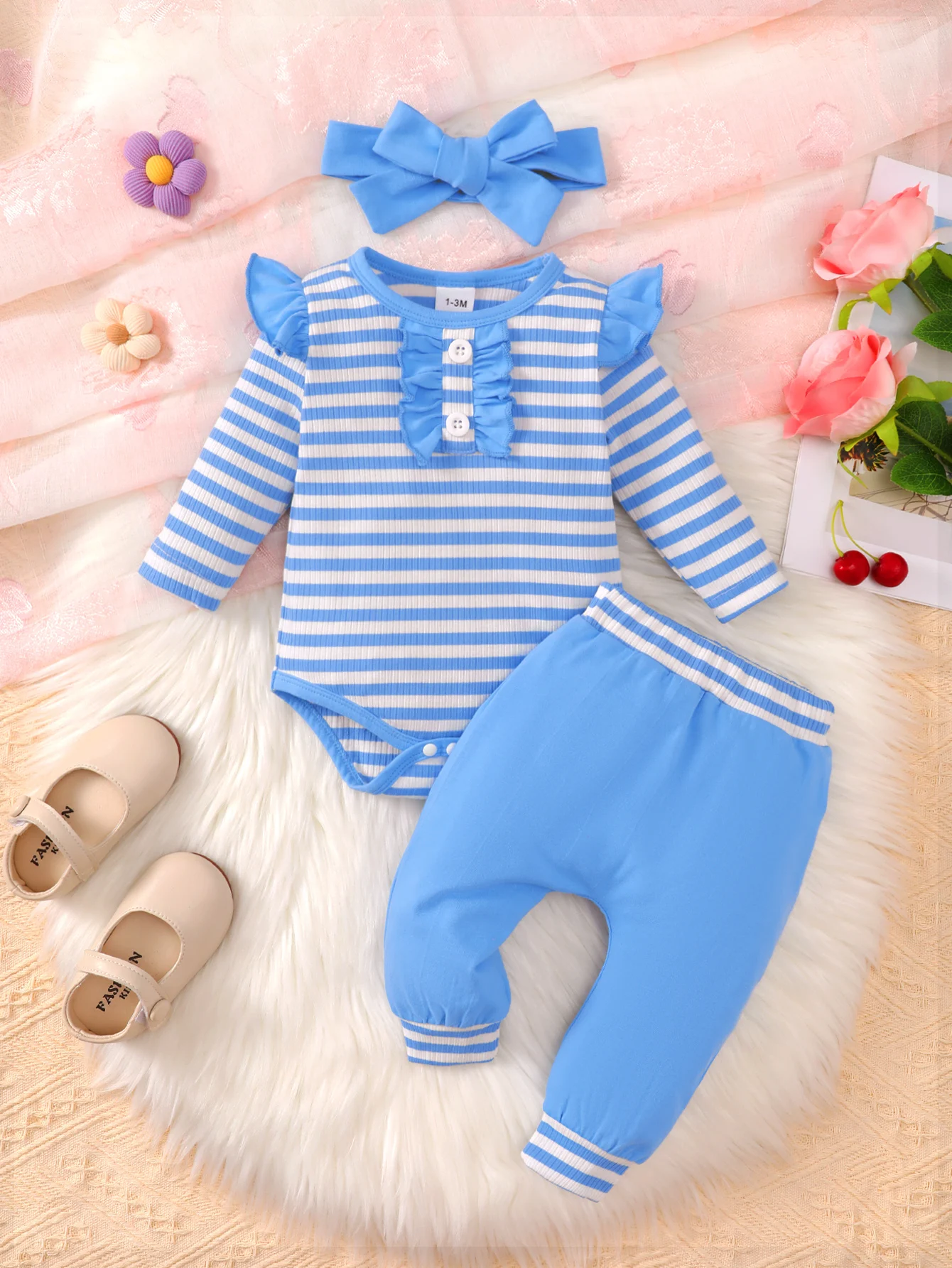 Baby Girls Clothes Set Sweet Cute Pit Strip Ruffle Long Sleeve Triangle Bodysuit Top Trousers All Seasons Fashion Casual Suit