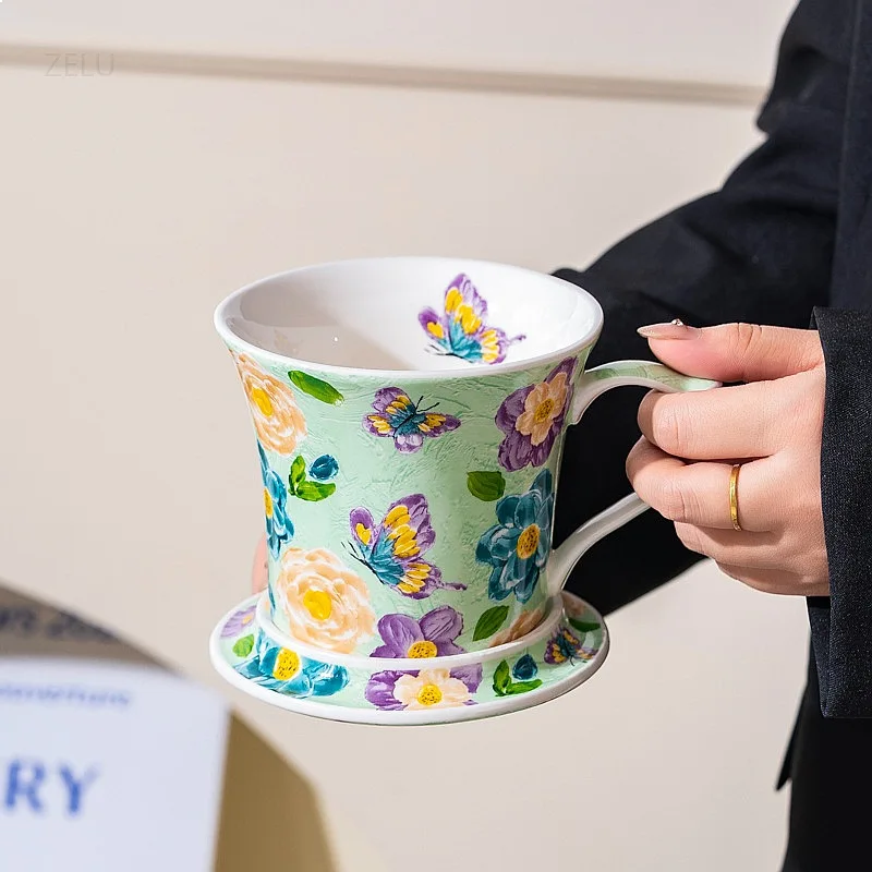 

Vintage Country Contrast Color Ceramic Mug Creative Coffee Cup Saucer Set Afternoon Tea Latte Art Cup Drinkware Gift Box