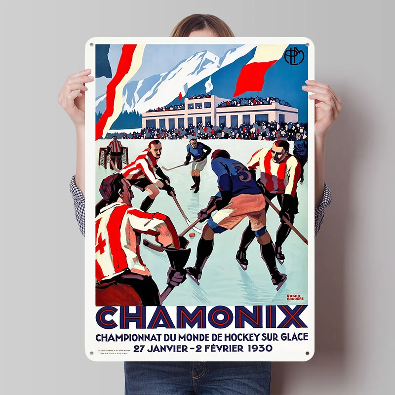 Chamonix Hockey 1930 Tinplate Posters Customizable Wall Art Retro Vintage Metal Signs for Home Room Garage Decoration Gaming