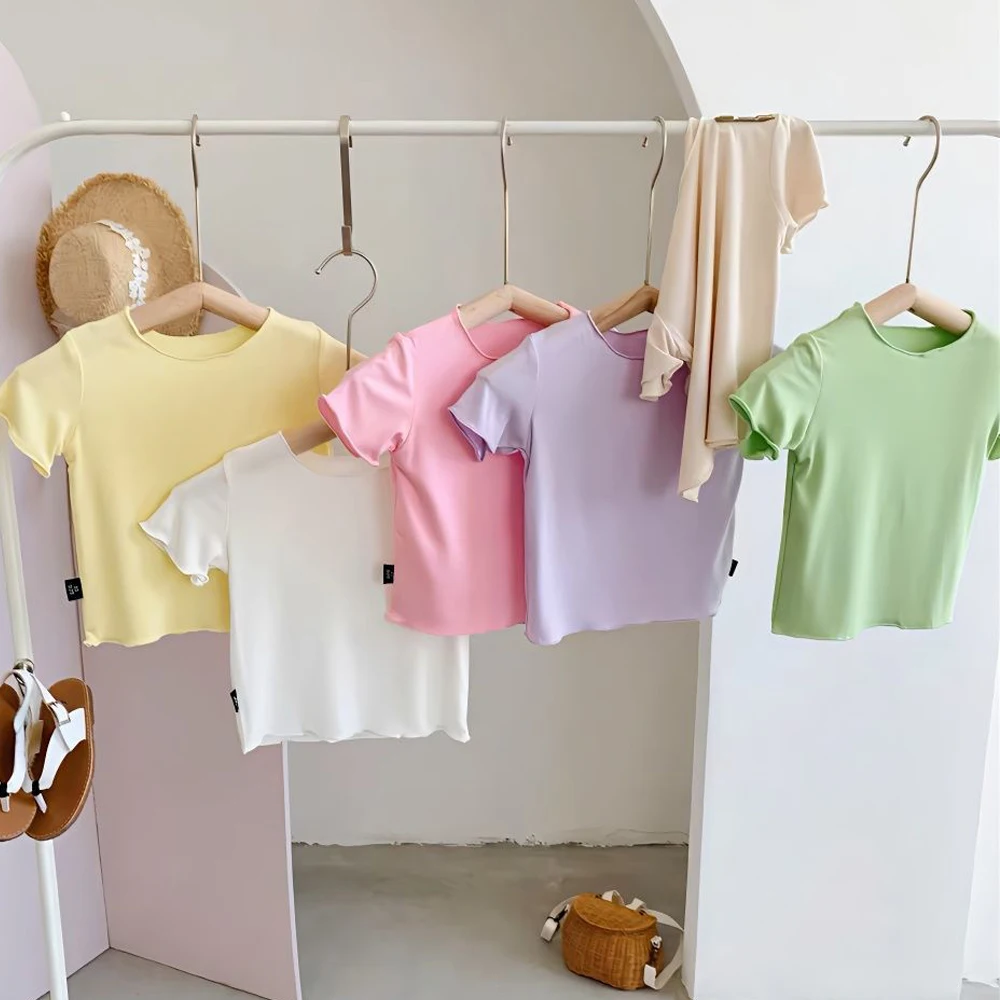 

Футболка с короткими рукавами для девочек, лето 2025 г., тонкие детские универсальные топы ярких цветов, модные свободные футболки с круглым вырезом для детей 2–8 лет