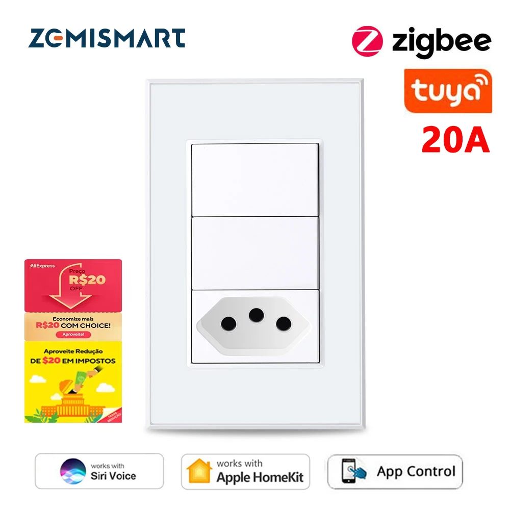 Zemismart Tuya Zigbee 20A Smart Brazil Socket with Light Switch Homekit Wall Push Button Switch Alexa Google Home Voice Control