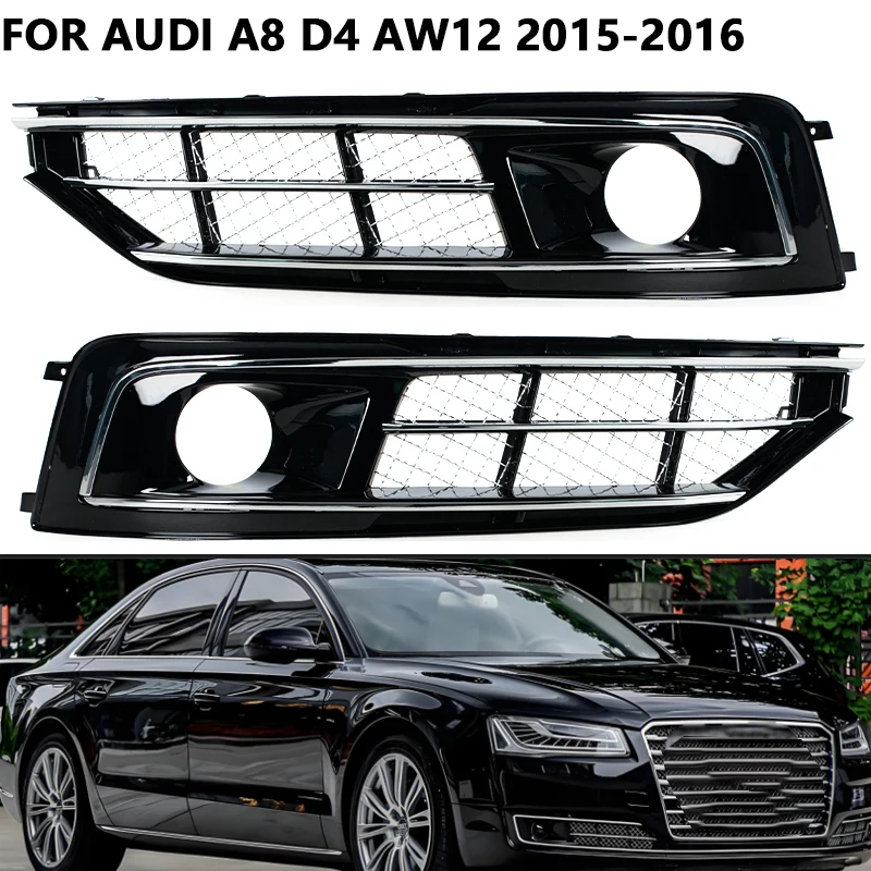 For Audi A8 D4 AW12 2015-2016 Car Front Chrome Bumper Fog Light Grille Grill Cover Trim with Wire Mesh 4HO807681T 4HO807682T