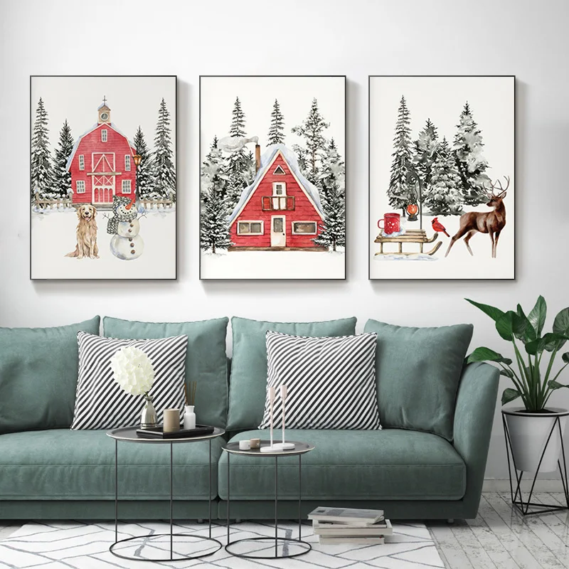 Winter Cabin and Forest Snow Scene Canvas Painting Nordic Merry Christmas Elk Wall Art Posters Bedroom Holiday Aesthetic Decor