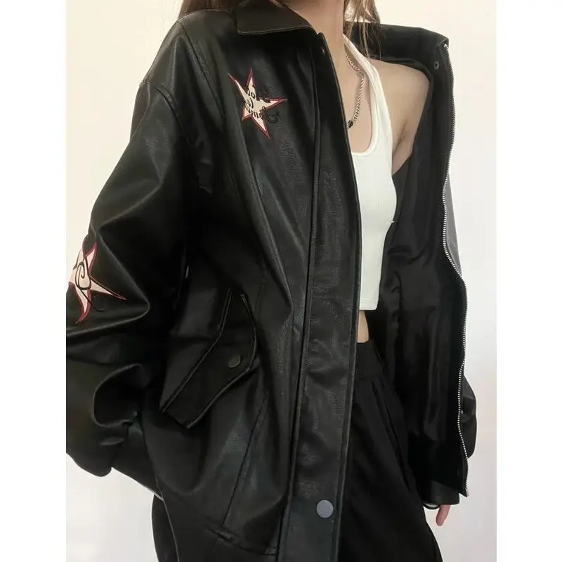 Autumn American Vintage Embroidered Leather Jacket Women Black PU Faux Fur Coat Letter Jaqueta Chaquetas Mujer