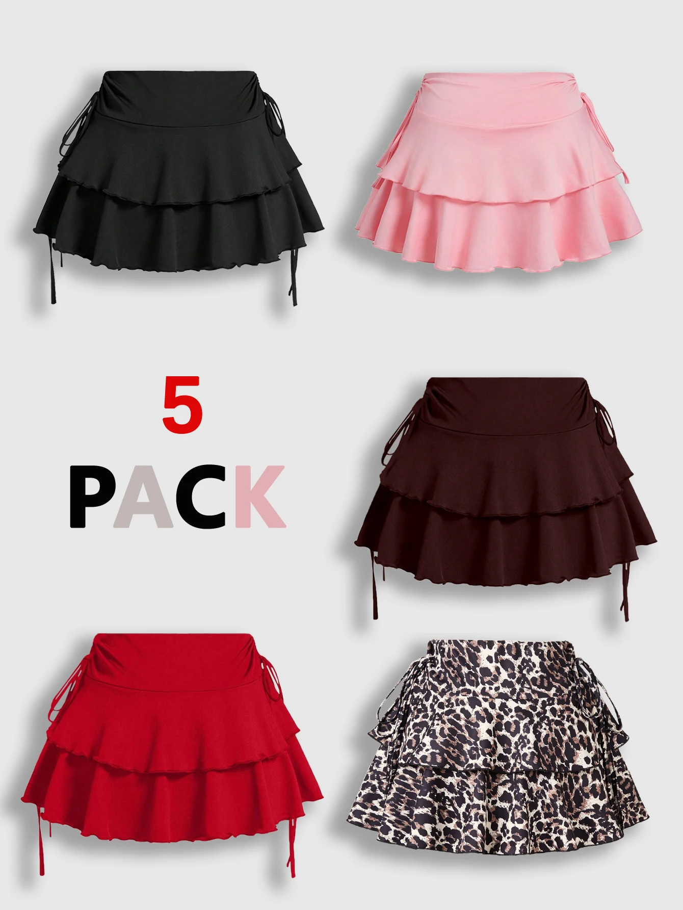 Summer Women High Waist Layered Ruffle Mini Skort Side Drawstring Floral Solid Color Beach Short Skirt5pc