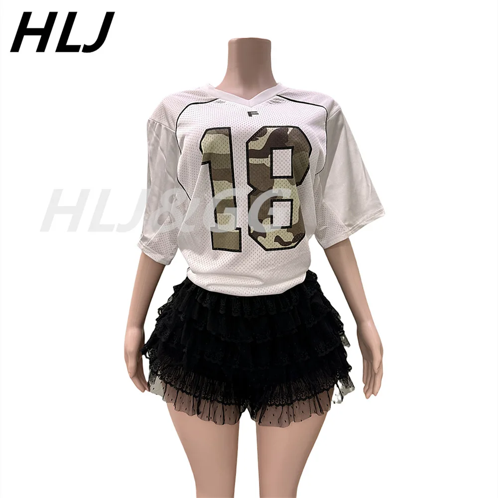 HLJ White Fashion Letter Print Ruffle Shorts Two Piece Sets Outfits Women V Neck Loose Tshirt And Ruched Shorts 2pcs Streetwear