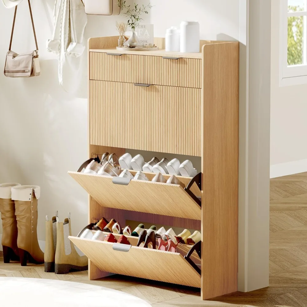 

Shoe Storage Cabinet, Narrow Shoe Organizer W/3 Flip Drawers, Modern Shoe Cabinet for Entryway, Hidden Shoes Rack for Live Room