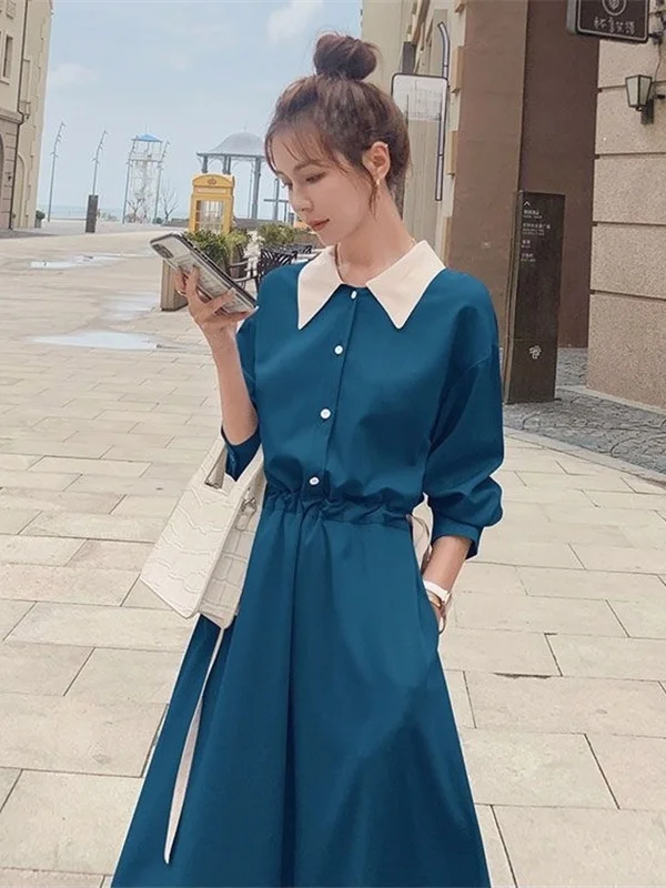 สลิมมิ่งยาว Sve irt Dr ผู้หญิงฤดูใบไม้ผลิฤดูใบไม้ร่วงใหม่ Sle สี Blo เอว Cinched Casual Universal Fit อื่นๆ