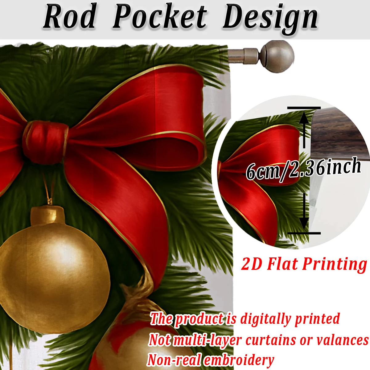 Christmas Flat Printing Sheer Curtain with Christmas Ball Snowflak Bow Pinecone for Living Room Bedroom Decor Holiday Party