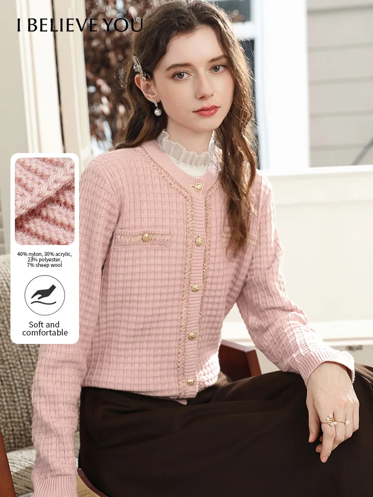 

I BELIEVE YOU Women's Pink Knitted Cardigan 2025 Autumn French Style O-Neck Single-Breasted Sweater Long Sleeve Top 2254126131
