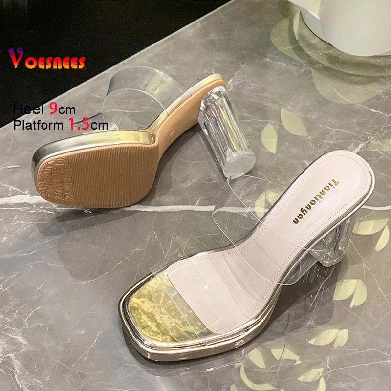 الذهب والفضة النساء شفافة بولي كلوريد الفينيل واضح عالية الكعب النعال 9 سنتيمتر الصنادل الكريستال الشرائح ساحة تو الصيف السيدات خارج الأحذية #2
