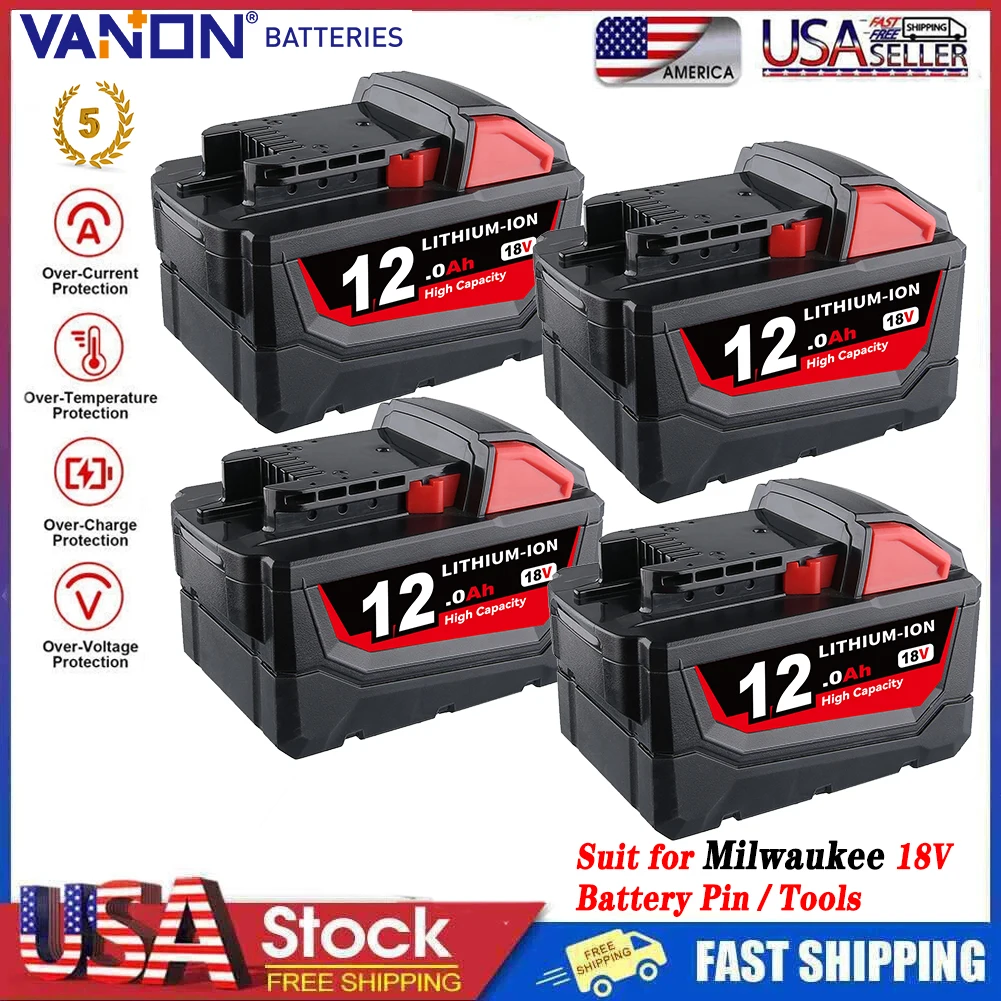 

VANON 4Pcs 12.0Ah High Capacity Battery Replace for Milwaukee M18 48-11-1812 48-11-1820 48-11-1840 18V Li-on Battery Pin