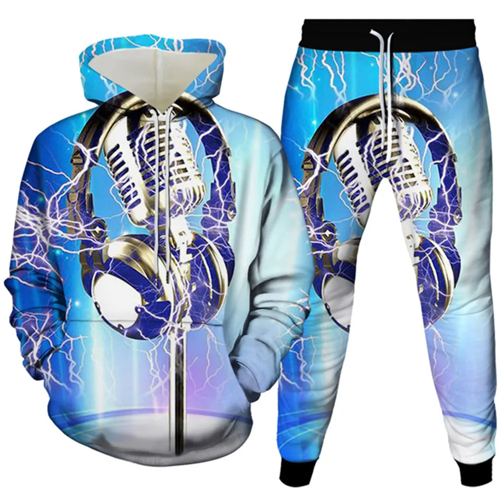 Musical Instrument Note Violin Headset Microphone Print 2Pc Suit Hoodies Trousers Sets Men Plus Size S-6XL Tracksuit Cloth