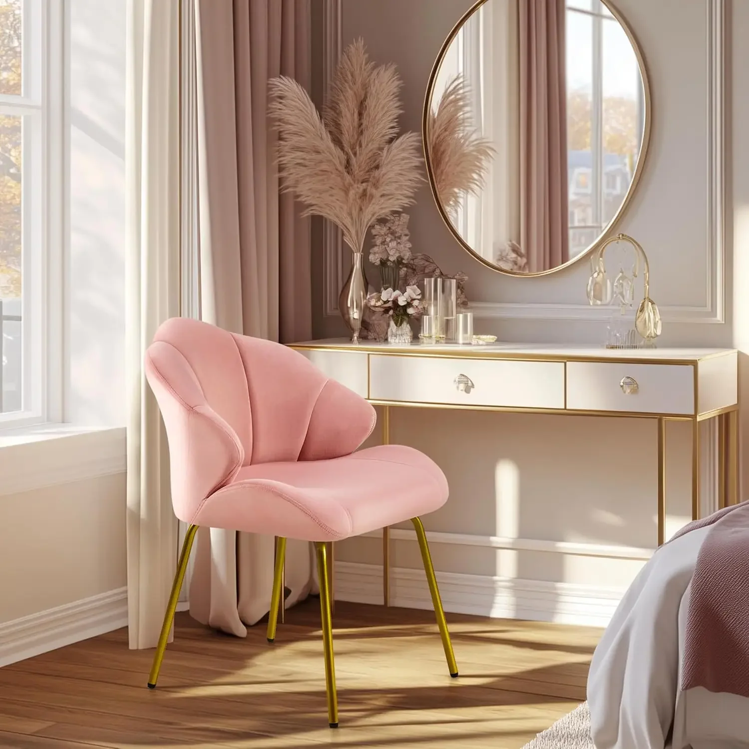 Velvet Accent Chair, Cute Vanity Chair with Shell-Shaped Backrest, Modern Armchair Side Chair with Golden Legs for Living Room