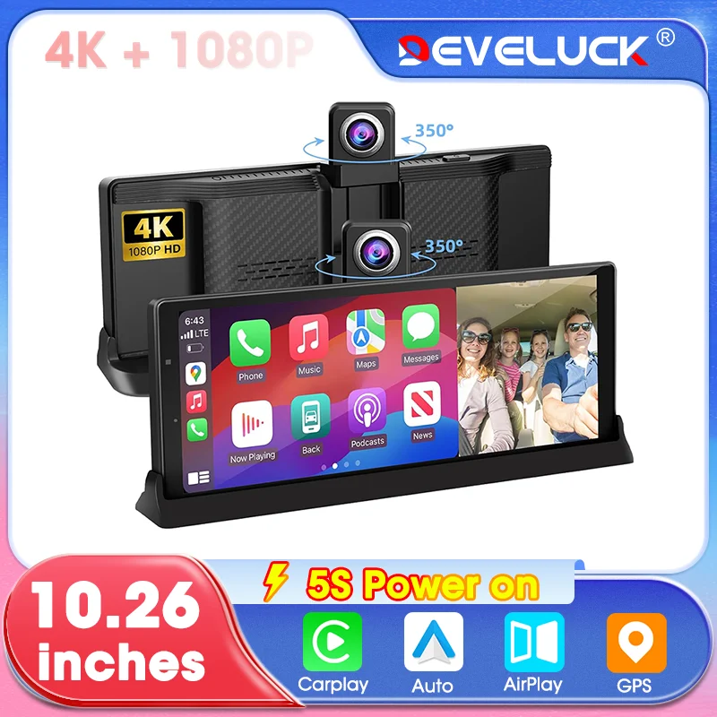 

10,26-дюймовый видеорегистратор 4K, автомобильный видеорегистратор, беспроводной Carplay и Android, видеоплеер, рекордер, камера заднего вида, черный ящик, автомобильные аксессуары AUX