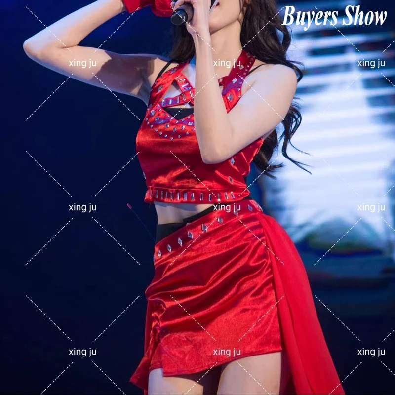 Kpop 한국 가수 여성 재즈 댄스 의상 여성 섹시한 홀터 탑 불규칙 스커트 나이트 클럽 DJ 소녀 무대 공연 의상