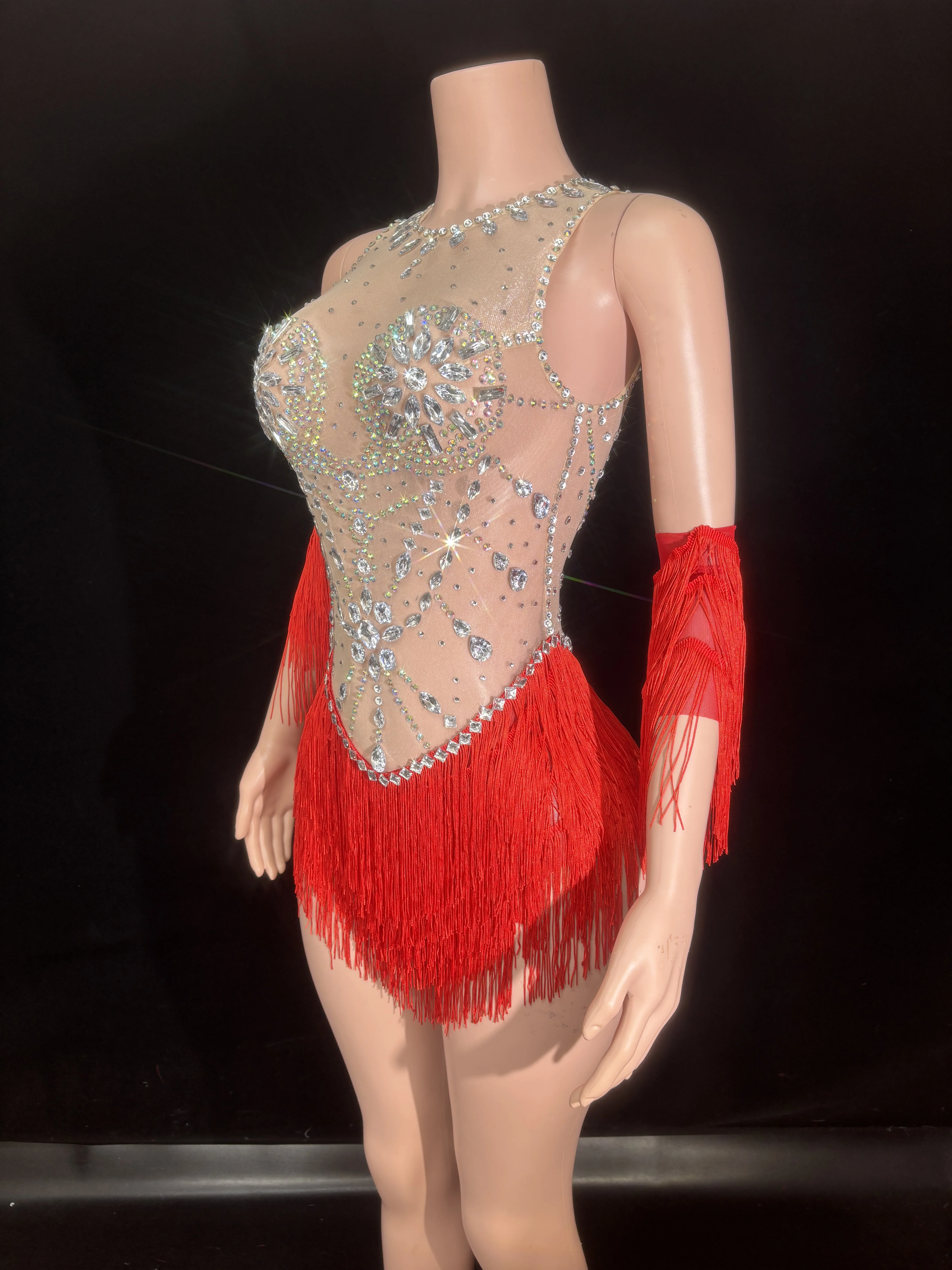 Women Glitter Rhinestones Red Tassel Mesh See Through Leotard Performance Costumes Evening Club Party Stage Outfits Adult Show